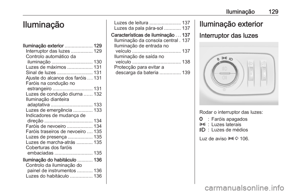 OPEL MERIVA 2016.5  Manual de Instruções (in Portugues) Iluminação129IluminaçãoIluminação exterior....................129
Interruptor das luzes ................129
Controlo automático da iluminação .............................. 130
Luzes de máxi OPEL MERIVA 2016.5  Manual de Instruções (in Portugues) Iluminação129IluminaçãoIluminação exterior....................129
Interruptor das luzes ................129
Controlo automático da iluminação .............................. 130
Luzes de máxi