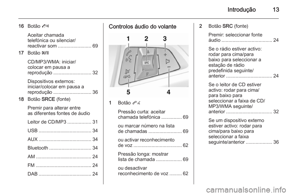 OPEL MOKKA 2014 Manual de Informação e Lazer (in Portugues) Introdução13
16Botão O
Aceitar chamada
telefónica ou silenciar/
reactivar som ........................ 69
17 Botão T
CD/MP3/WMA: iniciar/
colocar em pausa a
reprodução ....................... OPEL MOKKA 2014 Manual de Informação e Lazer (in Portugues) Introdução13
16Botão O
Aceitar chamada
telefónica ou silenciar/
reactivar som ........................ 69
17 Botão T
CD/MP3/WMA: iniciar/
colocar em pausa a
reprodução .......................