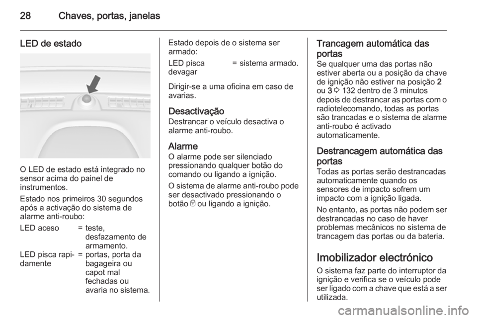 OPEL MOKKA 2015 Manual de Instruções (in Portugues) 28Chaves, portas, janelas
LED de estado
O LED de estado está integrado no
sensor acima do painel de
instrumentos.
Estado nos primeiros 30 segundos
após a activação do sistema de
alarme anti-roubo: OPEL MOKKA 2015 Manual de Instruções (in Portugues) 28Chaves, portas, janelas
LED de estado
O LED de estado está integrado no
sensor acima do painel de
instrumentos.
Estado nos primeiros 30 segundos
após a activação do sistema de
alarme anti-roubo:
