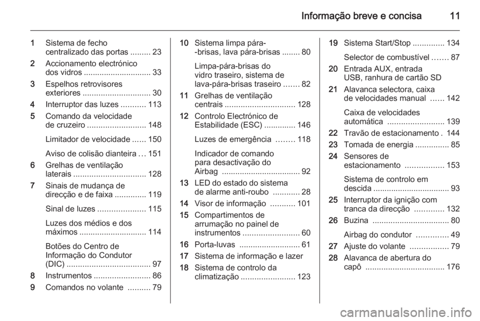 OPEL MOKKA 2015.5  Manual de Instruções (in Portugues) Informação breve e concisa11
1Sistema de fecho
centralizado das portas .........23
2 Accionamento electrónico
dos vidros .............................. 33
3 Espelhos retrovisores
exteriores .......