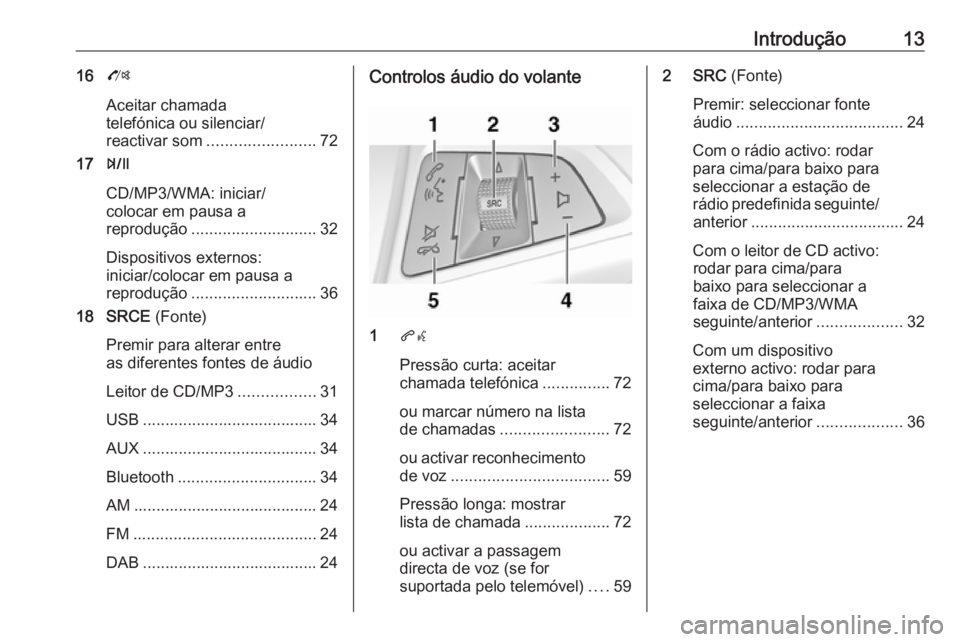 OPEL MOKKA 2016  Manual de Informação e Lazer (in Portugues) Introdução1316O
Aceitar chamada
telefónica ou silenciar/
reactivar som ........................ 72
17 T
CD/MP3/WMA: iniciar/
colocar em pausa a
reprodução ............................ 32
Disposit