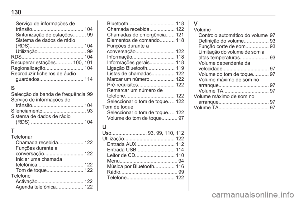 OPEL MOKKA 2016 Manual de Informação e Lazer (in Portugues) 130Serviço de informações de
trânsito .................................... 104
Sintonização de estações .........99
Sistema de dados de rádio
(RDS) ...................................... 104
OPEL MOKKA 2016 Manual de Informação e Lazer (in Portugues) 130Serviço de informações de
trânsito .................................... 104
Sintonização de estações .........99
Sistema de dados de rádio
(RDS) ...................................... 104