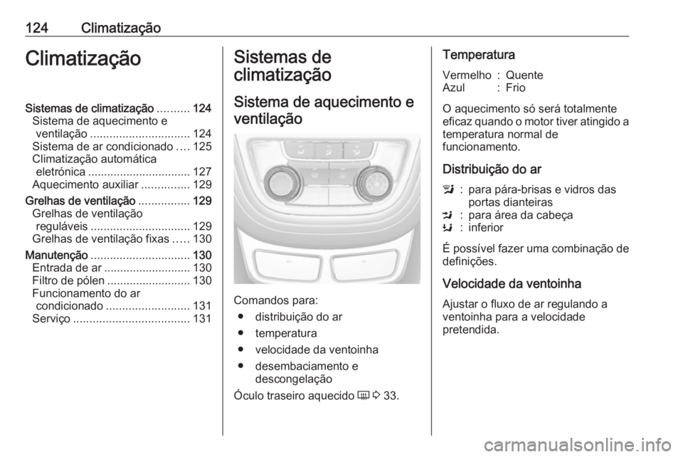 OPEL MOKKA 2016 Manual de Instruções (in Portugues) 124ClimatizaçãoClimatizaçãoSistemas de climatização..........124
Sistema de aquecimento e ventilação ............................... 124
Sistema de ar condicionado ....125
Climatização autom OPEL MOKKA 2016 Manual de Instruções (in Portugues) 124ClimatizaçãoClimatizaçãoSistemas de climatização..........124
Sistema de aquecimento e ventilação ............................... 124
Sistema de ar condicionado ....125
Climatização autom