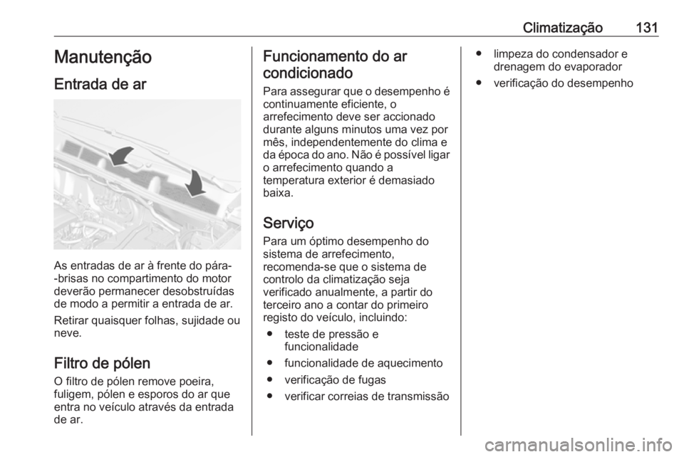 OPEL MOKKA 2016.5 Manual de Instruções (in Portugues) Climatização131Manutenção
Entrada de ar
As entradas de ar à frente do pára-
-brisas no compartimento do motor
deverão permanecer desobstruídas
de modo a permitir a entrada de ar.
Retirar quais OPEL MOKKA 2016.5 Manual de Instruções (in Portugues) Climatização131Manutenção
Entrada de ar
As entradas de ar à frente do pára-
-brisas no compartimento do motor
deverão permanecer desobstruídas
de modo a permitir a entrada de ar.
Retirar quais