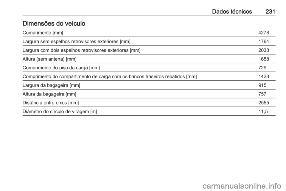 OPEL MOKKA 2016.5  Manual de Instruções (in Portugues) Dados técnicos231Dimensões do veículoComprimento [mm]4278Largura sem espelhos retrovisores exteriores [mm]1764Largura com dois espelhos retrovisores exteriores [mm]2038Altura (sem antena) [mm]1658C