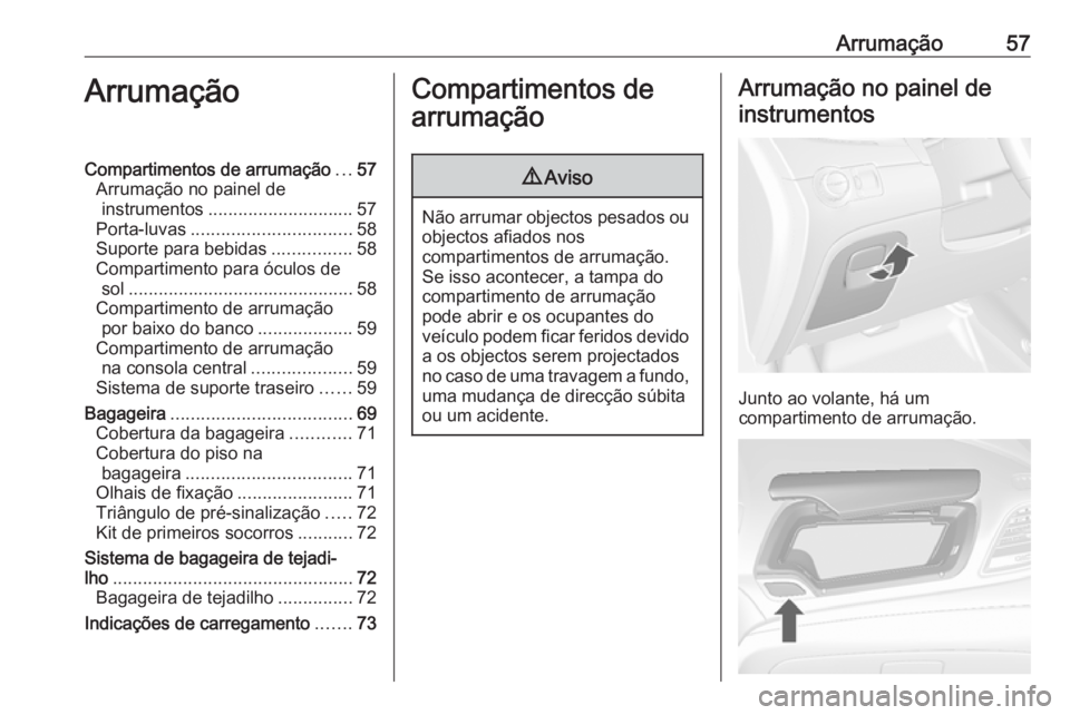 OPEL MOKKA 2016.5 Manual de Instruções (in Portugues) Arrumação57ArrumaçãoCompartimentos de arrumação...57
Arrumação no painel de instrumentos ............................. 57
Porta-luvas ................................ 58
Suporte para bebidas . OPEL MOKKA 2016.5 Manual de Instruções (in Portugues) Arrumação57ArrumaçãoCompartimentos de arrumação...57
Arrumação no painel de instrumentos ............................. 57
Porta-luvas ................................ 58
Suporte para bebidas .