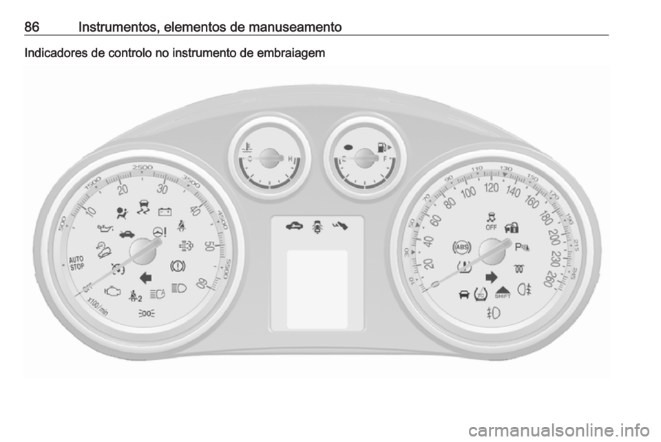 OPEL MOKKA 2016.5 Manual de Instruções (in Portugues) 86Instrumentos, elementos de manuseamentoIndicadores de controlo no instrumento de embraiagem OPEL MOKKA 2016.5 Manual de Instruções (in Portugues) 86Instrumentos, elementos de manuseamentoIndicadores de controlo no instrumento de embraiagem