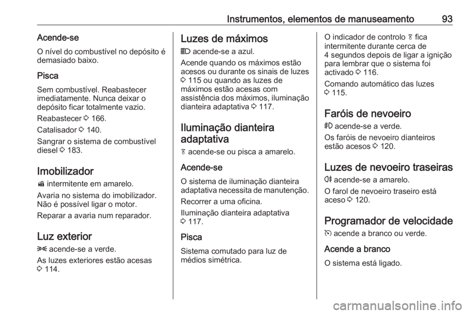 OPEL MOKKA 2016.5 Manual de Instruções (in Portugues) Instrumentos, elementos de manuseamento93Acende-seO nível do combustível no depósito é
demasiado baixo.
Pisca
Sem combustível. Reabastecer
imediatamente. Nunca deixar o
depósito ficar totalmente OPEL MOKKA 2016.5 Manual de Instruções (in Portugues) Instrumentos, elementos de manuseamento93Acende-seO nível do combustível no depósito é
demasiado baixo.
Pisca
Sem combustível. Reabastecer
imediatamente. Nunca deixar o
depósito ficar totalmente