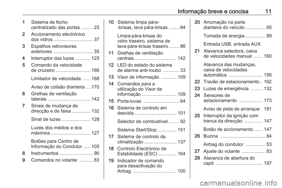 OPEL MOKKA X 2018  Manual de Informação e Lazer (in Portugues) Informação breve e concisa111Sistema de fecho
centralizado das portas .........25
2 Accionamento electrónico
dos vidros .............................. 37
3 Espelhos retrovisores
exteriores ........
