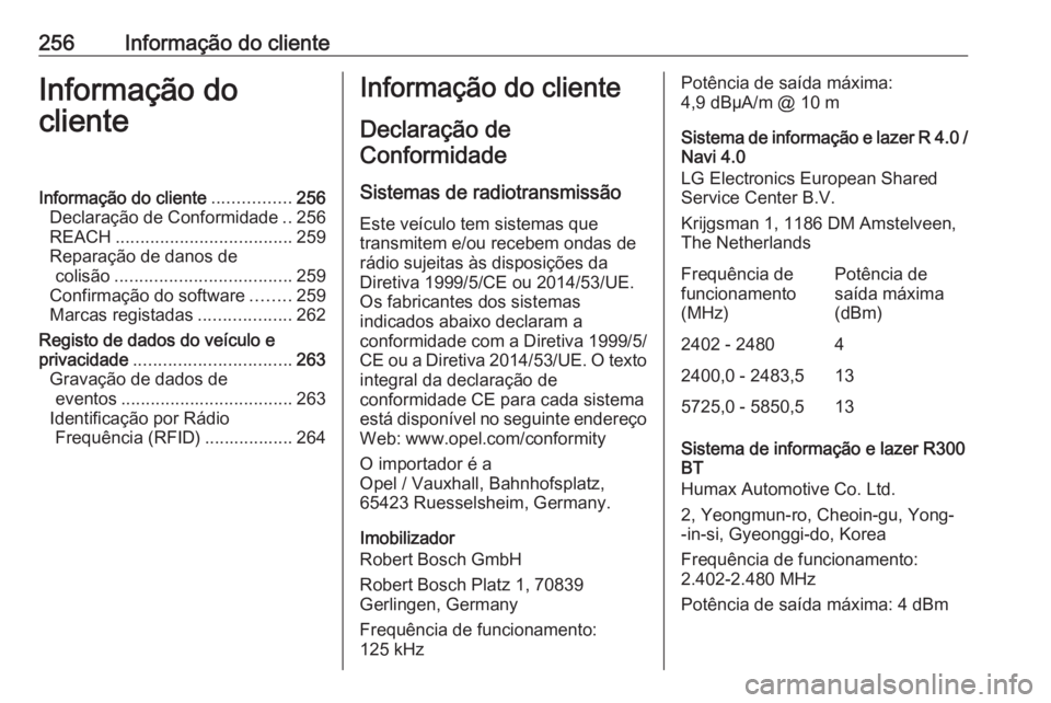 OPEL MOKKA X 2018 Manual de Informação e Lazer (in Portugues) 256Informação do clienteInformação do
clienteInformação do cliente ................256
Declaração de Conformidade ..256
REACH .................................... 259
Reparação de danos de c OPEL MOKKA X 2018 Manual de Informação e Lazer (in Portugues) 256Informação do clienteInformação do
clienteInformação do cliente ................256
Declaração de Conformidade ..256
REACH .................................... 259
Reparação de danos de c