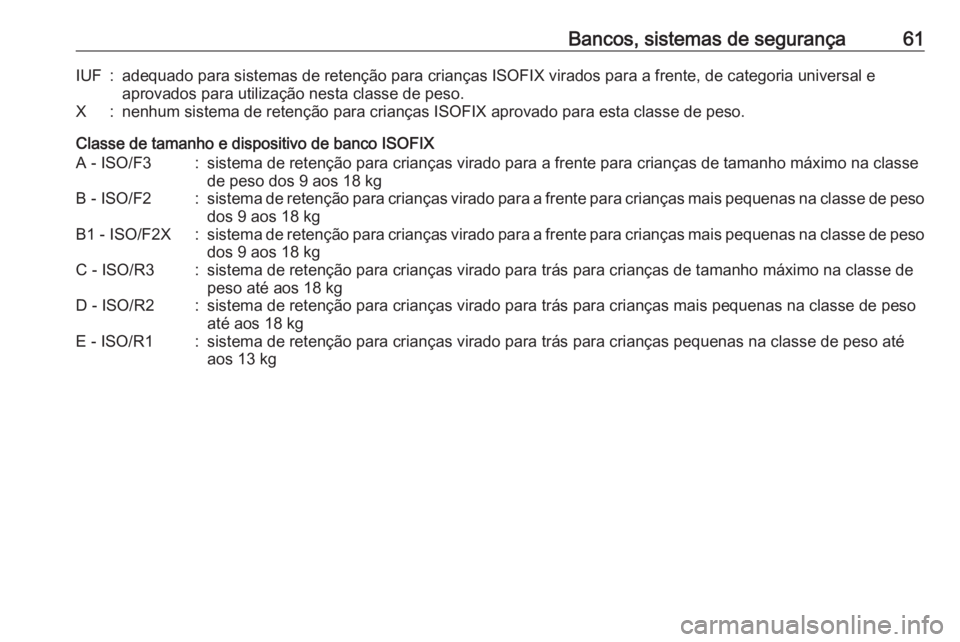 OPEL MOKKA X 2019.5 Manual de Instruções (in Portugues) Bancos, sistemas de segurança61IUF:adequado para sistemas de retenção para crianças ISOFIX virados para a frente, de categoria universal e
aprovados para utilização nesta classe de peso.X:nenhum OPEL MOKKA X 2019.5 Manual de Instruções (in Portugues) Bancos, sistemas de segurança61IUF:adequado para sistemas de retenção para crianças ISOFIX virados para a frente, de categoria universal e
aprovados para utilização nesta classe de peso.X:nenhum
