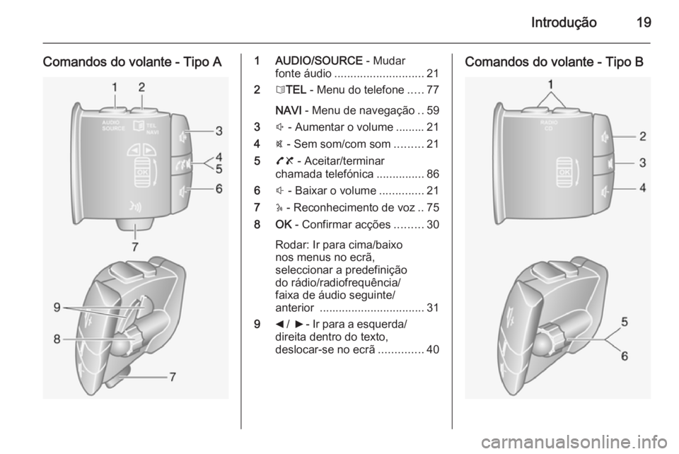 OPEL MOVANO_B 2014.5  Manual de Informação e Lazer (in Portugues) Introdução19
Comandos do volante - Tipo A1 AUDIO/SOURCE - Mudar
fonte áudio ............................ 21
2 6TEL  - Menu do telefone .....77
NAVI  - Menu de navegação ..59
3 ! - Aumentar o volu