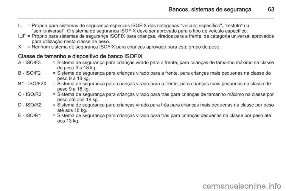 OPEL MOVANO_B 2015  Manual de Instruções (in Portugues) Bancos, sistemas de segurança63
IL=Próprio para sistemas de segurança especiais ISOFIX das categorias "veículo específico", "restrito" ou
"semiuniversal". O sistema de seg