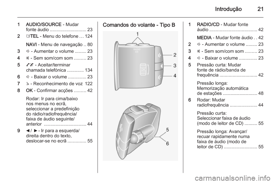 OPEL MOVANO_B 2015.5  Manual de Informação e Lazer (in Portugues) Introdução21
1 AUDIO/SOURCE - Mudar
fonte áudio ............................ 23
2 6TEL  - Menu do telefone ...124
NAVI  - Menu de navegação ..80
3 ! - Aumentar o volume ......... 23
4 @ - Sem som