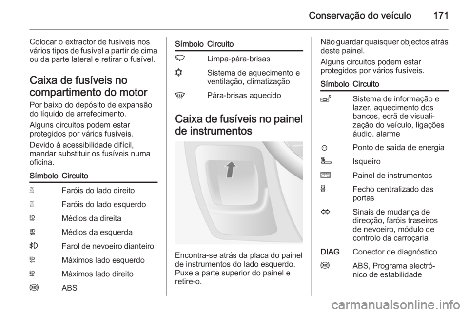 OPEL MOVANO_B 2015.5 Manual de Instruções (in Portugues) Conservação do veículo171
Colocar o extractor de fusíveis nos
vários tipos de fusível a partir de cima
ou da parte lateral e retirar o fusível.
Caixa de fusíveis no
compartimento do motor
Por OPEL MOVANO_B 2015.5 Manual de Instruções (in Portugues) Conservação do veículo171
Colocar o extractor de fusíveis nos
vários tipos de fusível a partir de cima
ou da parte lateral e retirar o fusível.
Caixa de fusíveis no
compartimento do motor
Por