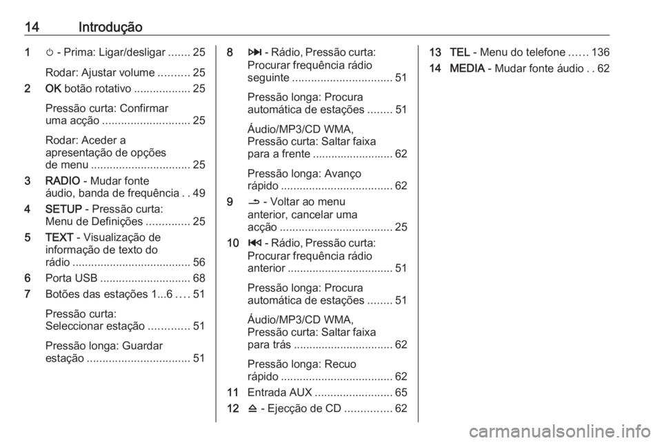 OPEL MOVANO_B 2016  Manual de Informação e Lazer (in Portugues) 14Introdução1m - Prima: Ligar/desligar .......25
Rodar: Ajustar volume ..........25
2 OK  botão rotativo ..................25
Pressão curta: Confirmar
uma acção ............................ 25
R