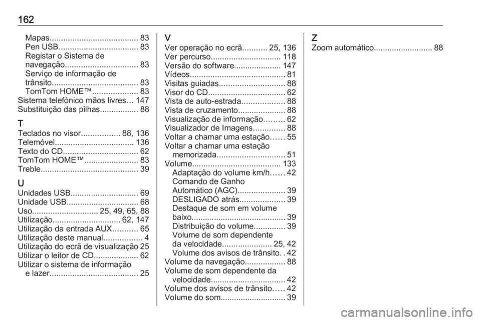 OPEL VIVARO B 2016 Manual de Informação e Lazer (in Portugues) 162Mapas....................................... 83
Pen USB ................................... 83
Registar o Sistema de
navegação ................................ 83
Serviço de informação de
trâ OPEL VIVARO B 2016 Manual de Informação e Lazer (in Portugues) 162Mapas....................................... 83
Pen USB ................................... 83
Registar o Sistema de
navegação ................................ 83
Serviço de informação de
trâ
