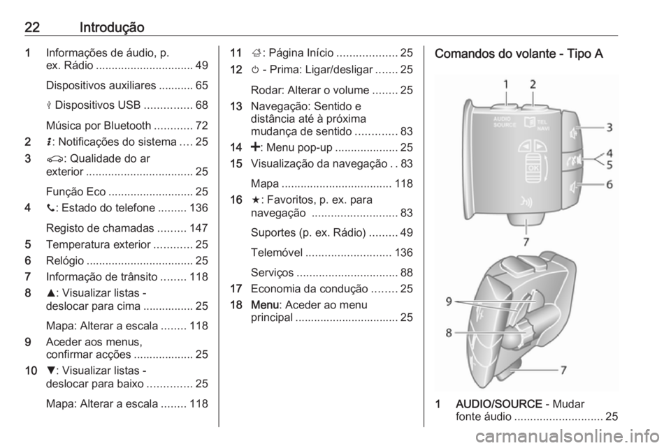 OPEL MOVANO_B 2016  Manual de Informação e Lazer (in Portugues) 22Introdução1Informações de áudio, p.
ex. Rádio ............................... 49
Dispositivos auxiliares ........... 65
M  Dispositivos USB ...............68
Música por Bluetooth ............