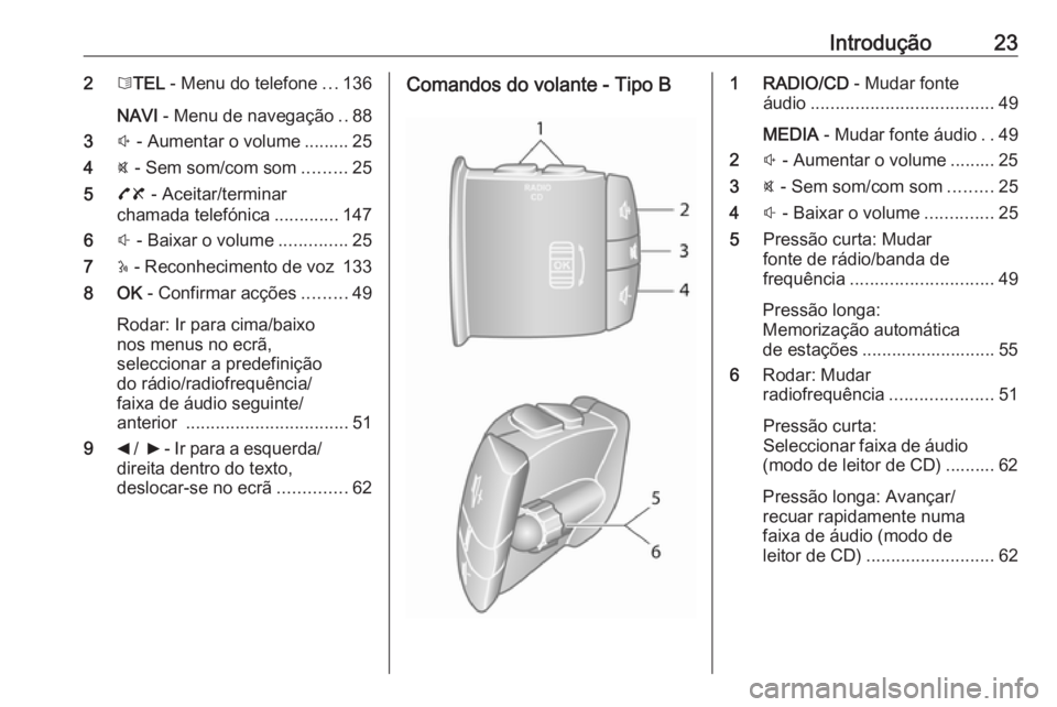 OPEL MOVANO_B 2016  Manual de Informação e Lazer (in Portugues) Introdução2326TEL  - Menu do telefone ...136
NAVI  - Menu de navegação ..88
3 ! - Aumentar o volume ......... 25
4 @ - Sem som/com som .........25
5 78 - Aceitar/terminar
chamada telefónica .....