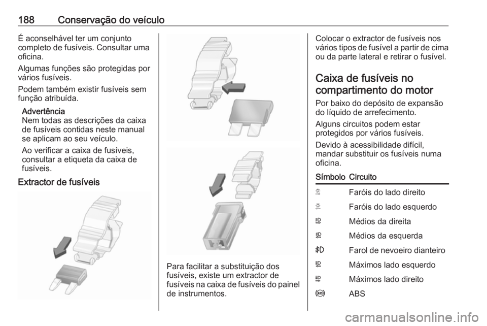 OPEL MOVANO_B 2016 Manual de Instruções (in Portugues) 188Conservação do veículoÉ aconselhável ter um conjunto
completo de fusíveis. Consultar uma
oficina.
Algumas funções são protegidas por vários fusíveis.
Podem também existir fusíveis sem
OPEL MOVANO_B 2016 Manual de Instruções (in Portugues) 188Conservação do veículoÉ aconselhável ter um conjunto
completo de fusíveis. Consultar uma
oficina.
Algumas funções são protegidas por vários fusíveis.
Podem também existir fusíveis sem