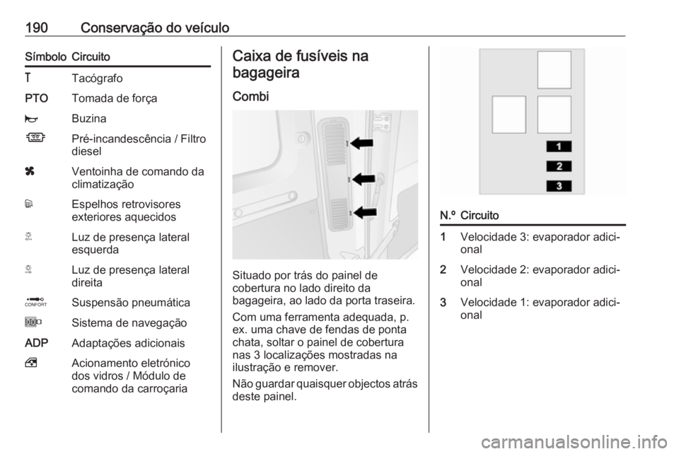 OPEL MOVANO_B 2016 Manual de Instruções (in Portugues) 190Conservação do veículoSímboloCircuito&TacógrafoPTOTomada de forçajBuzinaÍPré-incandescência / Filtro
dieselxVentoinha de comando da
climatizaçãodEspelhos retrovisores
exteriores aquecido OPEL MOVANO_B 2016 Manual de Instruções (in Portugues) 190Conservação do veículoSímboloCircuito&TacógrafoPTOTomada de forçajBuzinaÍPré-incandescência / Filtro
dieselxVentoinha de comando da
climatizaçãodEspelhos retrovisores
exteriores aquecido