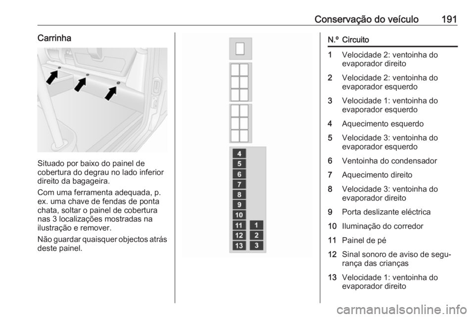 OPEL MOVANO_B 2016 Manual de Instruções (in Portugues) Conservação do veículo191Carrinha
Situado por baixo do painel de
cobertura do degrau no lado inferior
direito da bagageira.
Com uma ferramenta adequada, p.
ex. uma chave de fendas de ponta chata, s OPEL MOVANO_B 2016 Manual de Instruções (in Portugues) Conservação do veículo191Carrinha
Situado por baixo do painel de
cobertura do degrau no lado inferior
direito da bagageira.
Com uma ferramenta adequada, p.
ex. uma chave de fendas de ponta chata, s