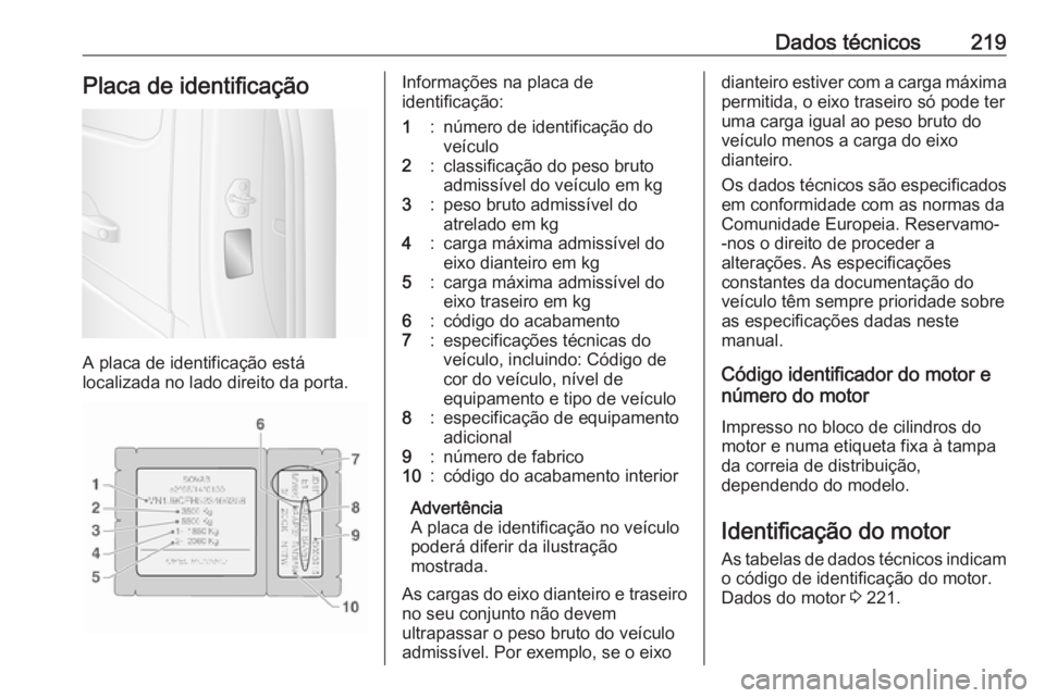 OPEL MOVANO_B 2016 Manual de Instruções (in Portugues) Dados técnicos219Placa de identificação
A placa de identificação está
localizada no lado direito da porta.
Informações na placa de
identificação:1:número de identificação do
veículo2:cla OPEL MOVANO_B 2016 Manual de Instruções (in Portugues) Dados técnicos219Placa de identificação
A placa de identificação está
localizada no lado direito da porta.
Informações na placa de
identificação:1:número de identificação do
veículo2:cla