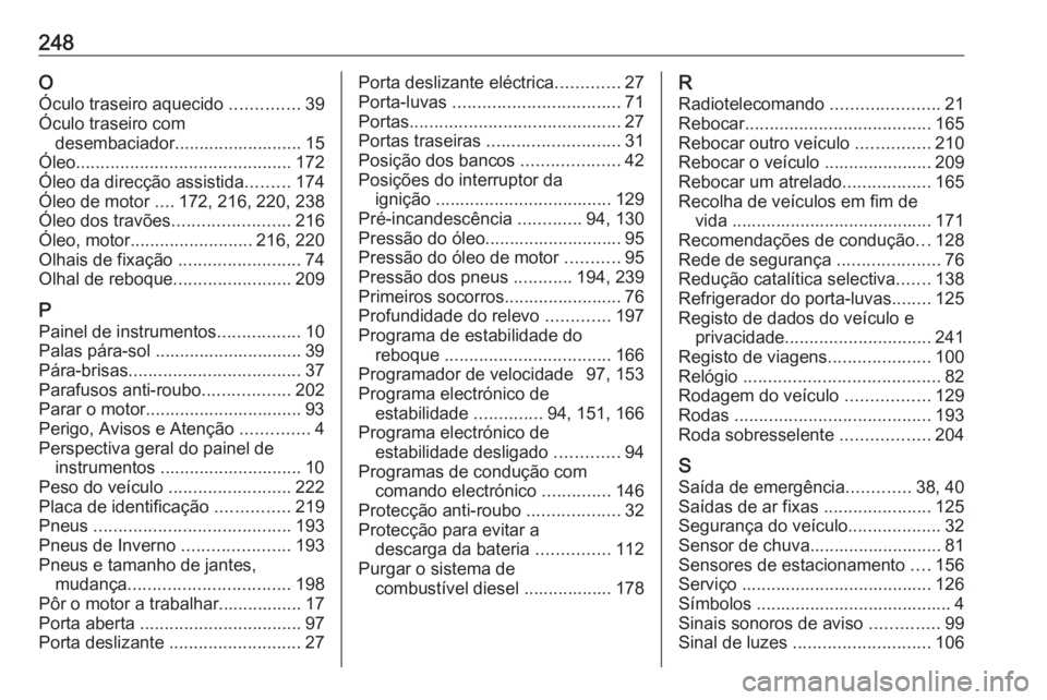 OPEL MOVANO_B 2016 Manual de Instruções (in Portugues) 248OÓculo traseiro aquecido ..............39
Óculo traseiro com desembaciador.......................... 15
Óleo ............................................ 172
Óleo da direcção assistida ..... OPEL MOVANO_B 2016 Manual de Instruções (in Portugues) 248OÓculo traseiro aquecido ..............39
Óculo traseiro com desembaciador.......................... 15
Óleo ............................................ 172
Óleo da direcção assistida .....