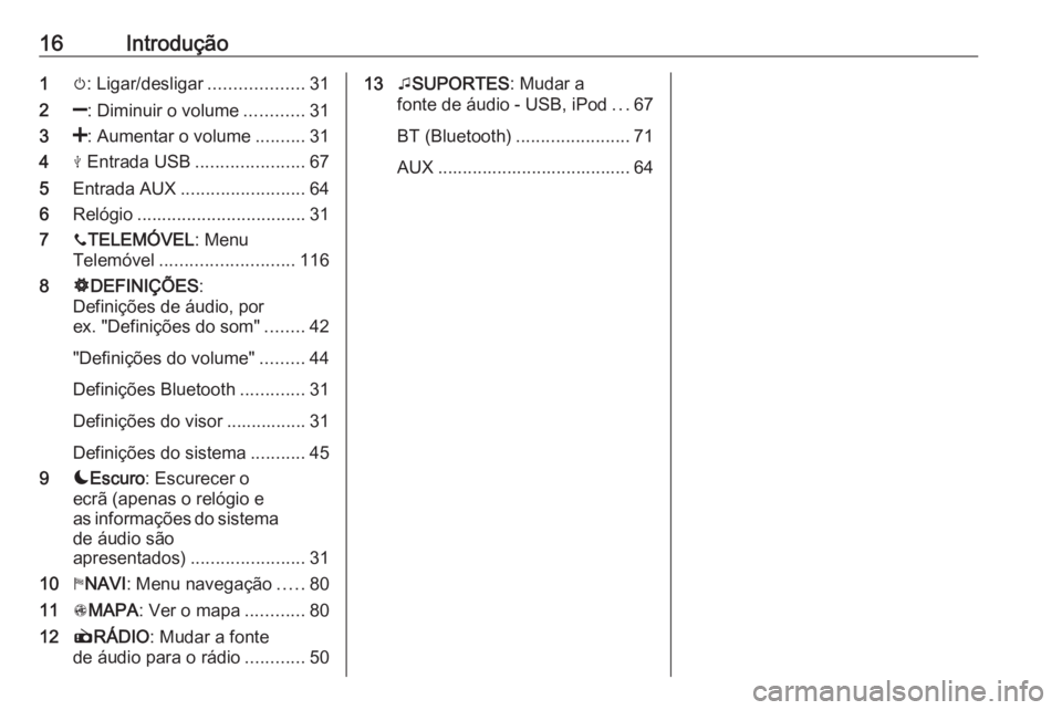 OPEL VIVARO B 2016.5  Manual de Informação e Lazer (in Portugues) 16Introdução1m: Ligar/desligar ...................31
2 ]: Diminuir o volume ............31
3 <: Aumentar o volume ..........31
4 M Entrada USB ...................... 67
5 Entrada AUX ...............