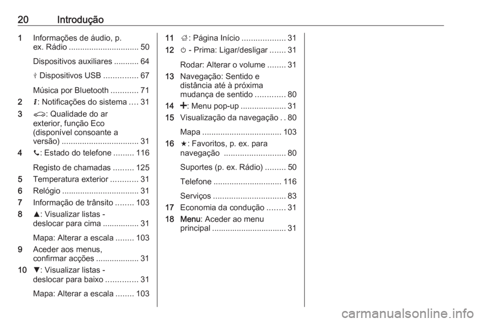 OPEL VIVARO B 2016.5  Manual de Informação e Lazer (in Portugues) 20Introdução1Informações de áudio, p.
ex. Rádio ............................... 50
Dispositivos auxiliares ........... 64
M  Dispositivos USB ...............67
Música por Bluetooth ............