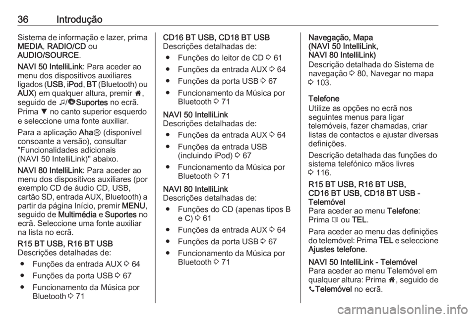 OPEL MOVANO_B 2016.5 Manual de Informação e Lazer (in Portugues) 36IntroduçãoSistema de informação e lazer, primaMEDIA , RADIO/CD ou
AUDIO/SOURCE .
NAVI 50 IntelliLink : Para aceder ao
menu dos dispositivos auxiliares ligados ( USB, iPod , BT (Bluetooth) ou
A OPEL MOVANO_B 2016.5 Manual de Informação e Lazer (in Portugues) 36IntroduçãoSistema de informação e lazer, primaMEDIA , RADIO/CD ou
AUDIO/SOURCE .
NAVI 50 IntelliLink : Para aceder ao
menu dos dispositivos auxiliares ligados ( USB, iPod , BT (Bluetooth) ou
A