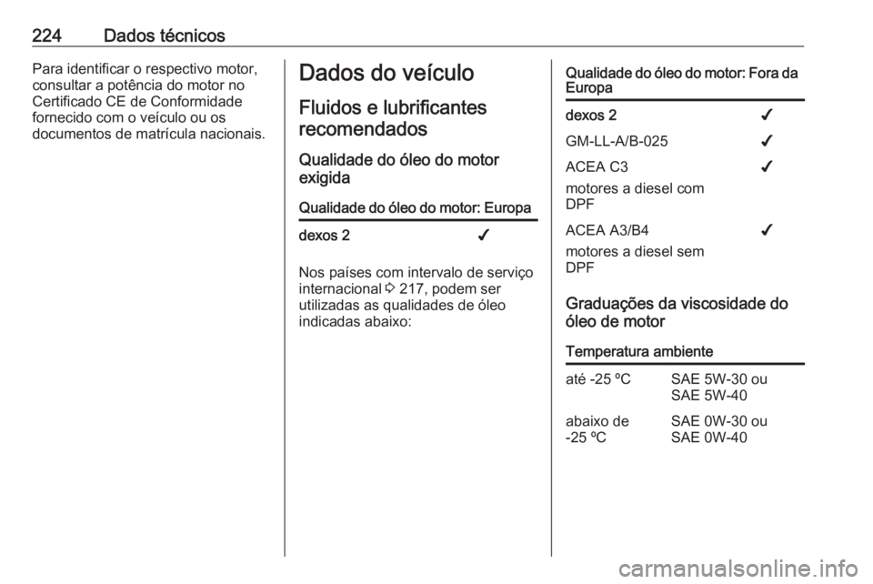 OPEL MOVANO_B 2016.5 Manual de Instruções (in Portugues) 224Dados técnicosPara identificar o respectivo motor,
consultar a potência do motor no
Certificado CE de Conformidade
fornecido com o veículo ou os
documentos de matrícula nacionais.Dados do veíc OPEL MOVANO_B 2016.5 Manual de Instruções (in Portugues) 224Dados técnicosPara identificar o respectivo motor,
consultar a potência do motor no
Certificado CE de Conformidade
fornecido com o veículo ou os
documentos de matrícula nacionais.Dados do veíc
