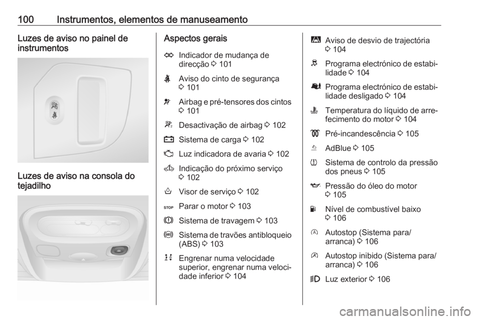 OPEL MOVANO_B 2017.5  Manual de Instruções (in Portugues) 100Instrumentos, elementos de manuseamentoLuzes de aviso no painel de
instrumentos
Luzes de aviso na consola do
tejadilho
Aspectos geraisOIndicador de mudança de
direcção  3 101XAviso do cinto de s