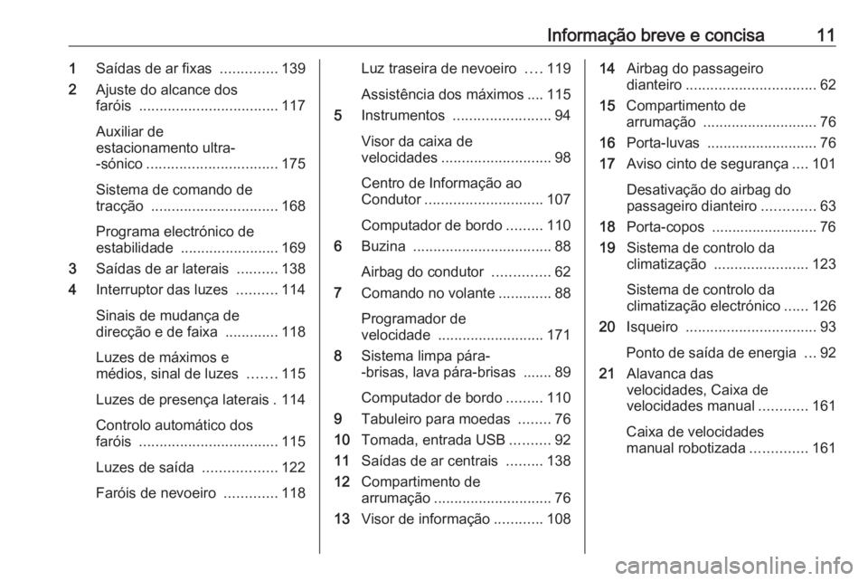 OPEL MOVANO_B 2017.5  Manual de Instruções (in Portugues) Informação breve e concisa111Saídas de ar fixas  ..............139
2 Ajuste do alcance dos
faróis  .................................. 117
Auxiliar de
estacionamento ultra- -sónico ...............