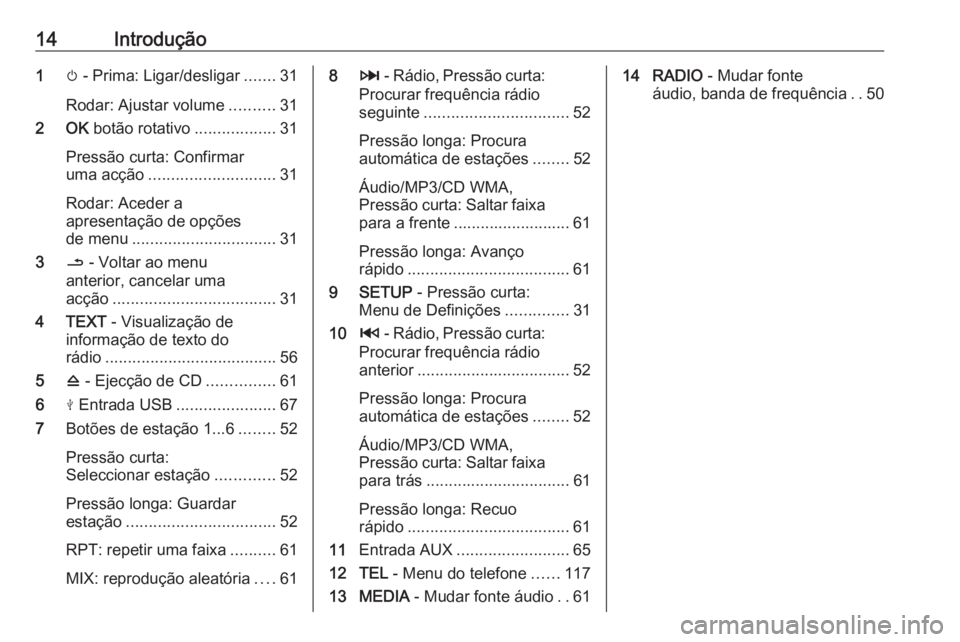 OPEL VIVARO B 2018  Manual de Informação e Lazer (in Portugues) 14Introdução1m - Prima: Ligar/desligar .......31
Rodar: Ajustar volume ..........31
2 OK  botão rotativo ..................31
Pressão curta: Confirmar
uma acção ............................ 31
R