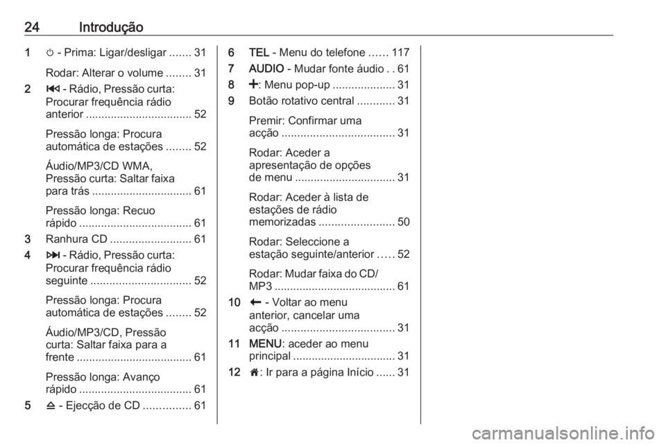 OPEL VIVARO B 2018  Manual de Informação e Lazer (in Portugues) 24Introdução1m - Prima: Ligar/desligar .......31
Rodar: Alterar o volume ........31
2 2 - Rádio, Pressão curta:
Procurar frequência rádio
anterior .................................. 52
Pressão 