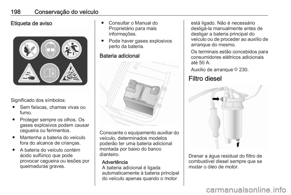 OPEL MOVANO_B 2018 Manual de Instruções (in Portugues) 198Conservação do veículoEtiqueta de aviso
Significado dos símbolos:● Sem faíscas, chamas vivas ou fumo.
● Proteger sempre os olhos. Os gases explosivos podem causar
cegueira ou ferimentos.
OPEL MOVANO_B 2018 Manual de Instruções (in Portugues) 198Conservação do veículoEtiqueta de aviso
Significado dos símbolos:● Sem faíscas, chamas vivas ou fumo.
● Proteger sempre os olhos. Os gases explosivos podem causar
cegueira ou ferimentos.