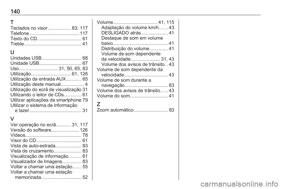 OPEL MOVANO_B 2018.5 Manual de Informação e Lazer (in Portugues) 140T
Teclados no visor .................83, 117
Telefone...................................... 117
Texto do CD ................................. 61
Treble ........................................... 4 OPEL MOVANO_B 2018.5 Manual de Informação e Lazer (in Portugues) 140T
Teclados no visor .................83, 117
Telefone...................................... 117
Texto do CD ................................. 61
Treble ........................................... 4