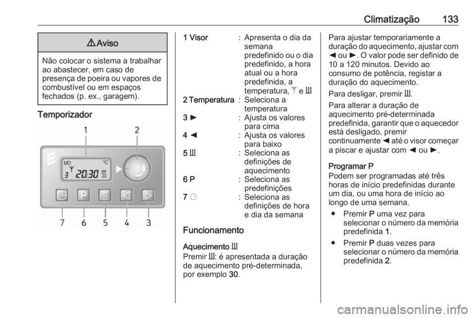 OPEL MOVANO_B 2018.5 Manual de Instruções (in Portugues) Climatização1339Aviso
Não colocar o sistema a trabalhar
ao abastecer, em caso de
presença de poeira ou vapores de combustível ou em espaços
fechados (p. ex., garagem).
Temporizador
1 Visor:Apre OPEL MOVANO_B 2018.5 Manual de Instruções (in Portugues) Climatização1339Aviso
Não colocar o sistema a trabalhar
ao abastecer, em caso de
presença de poeira ou vapores de combustível ou em espaços
fechados (p. ex., garagem).
Temporizador
1 Visor:Apre
