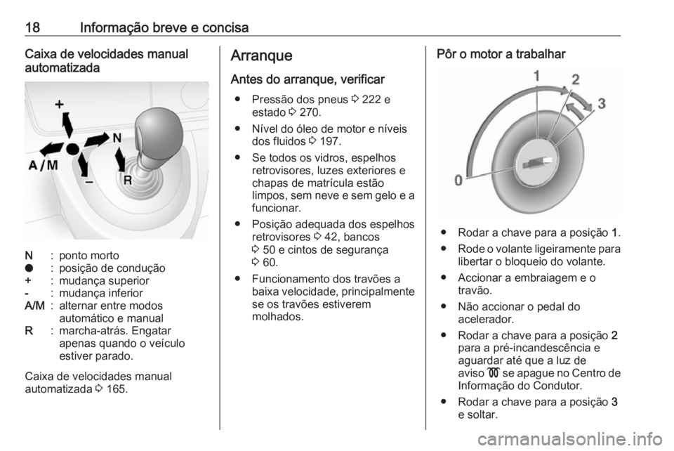 OPEL MOVANO_B 2018.5  Manual de Instruções (in Portugues) 18Informação breve e concisaCaixa de velocidades manual
automatizadaN:ponto mortoo:posição de condução+:mudança superior-:mudança inferiorA/M:alternar entre modos
automático e manualR:marcha-