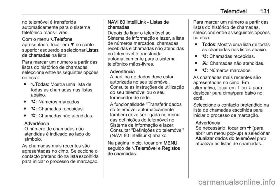 OPEL VIVARO B 2019 Manual de Informação e Lazer (in Portugues) Telemóvel131no telemóvel é transferida
automaticamente para o sistema
telefónico mãos-livres.
Com o menu yTelefone
apresentado, tocar em S no canto
superior esquerdo e selecionar Listas
de cha OPEL VIVARO B 2019 Manual de Informação e Lazer (in Portugues) Telemóvel131no telemóvel é transferida
automaticamente para o sistema
telefónico mãos-livres.
Com o menu yTelefone
apresentado, tocar em S no canto
superior esquerdo e selecionar Listas
de cha