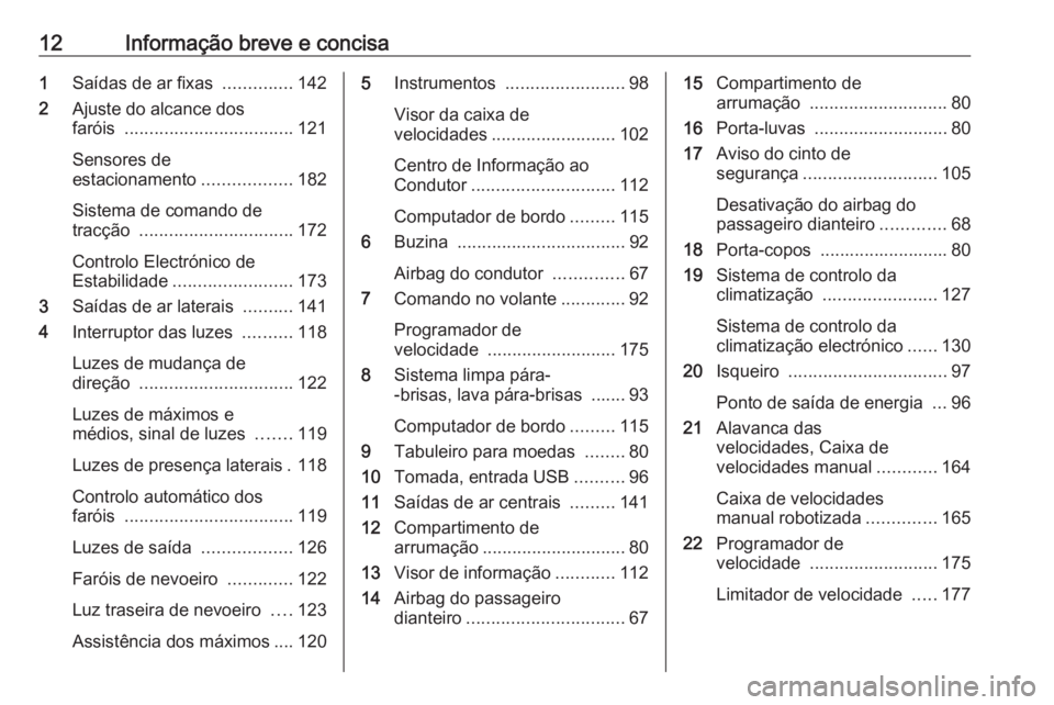 OPEL MOVANO_B 2019  Manual de Instruções (in Portugues) 12Informação breve e concisa1Saídas de ar fixas  ..............142
2 Ajuste do alcance dos
faróis  .................................. 121
Sensores de
estacionamento ..................182
Sistema d