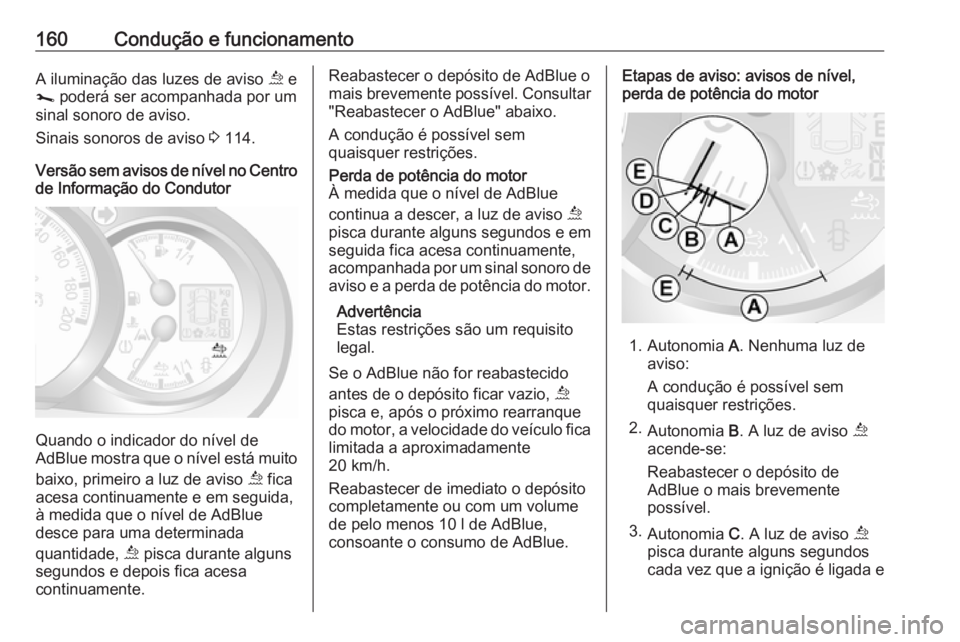 OPEL MOVANO_B 2019  Manual de Instruções (in Portugues) 160Condução e funcionamentoA iluminação das luzes de aviso ú e
j  poderá ser acompanhada por um
sinal sonoro de aviso.
Sinais sonoros de aviso  3 114.
Versão sem avisos de nível no Centro de I