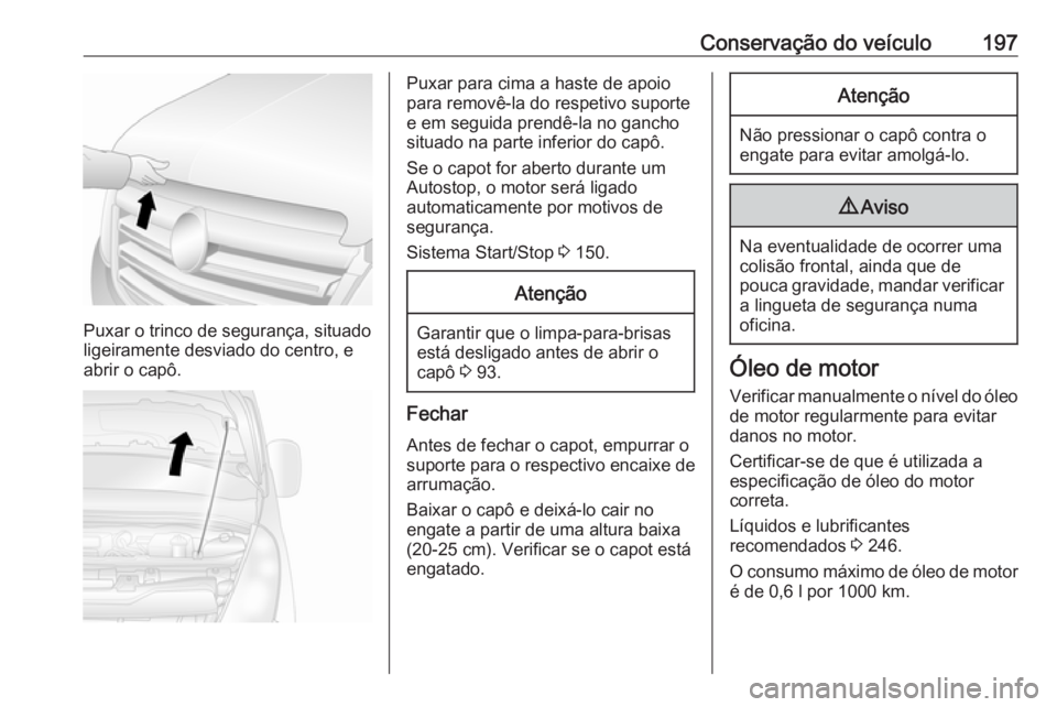 OPEL MOVANO_B 2019 Manual de Instruções (in Portugues) Conservação do veículo197
Puxar o trinco de segurança, situado
ligeiramente desviado do centro, e
abrir o capô.
Puxar para cima a haste de apoio
para removê-la do respetivo suporte
e em seguida OPEL MOVANO_B 2019 Manual de Instruções (in Portugues) Conservação do veículo197
Puxar o trinco de segurança, situado
ligeiramente desviado do centro, e
abrir o capô.
Puxar para cima a haste de apoio
para removê-la do respetivo suporte
e em seguida