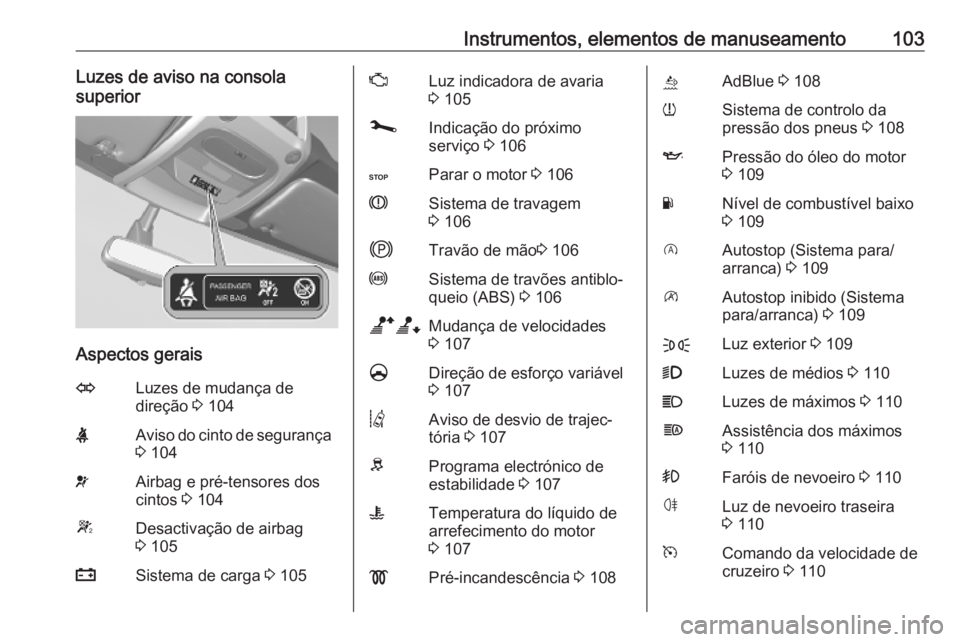 OPEL MOVANO_B 2020  Manual de Instruções (in Portugues) Instrumentos, elementos de manuseamento103Luzes de aviso na consola
superior
Aspectos gerais
OLuzes de mudança de
direção  3 104XAviso do cinto de segurança
3  104vAirbag e pré-tensores dos
cinto