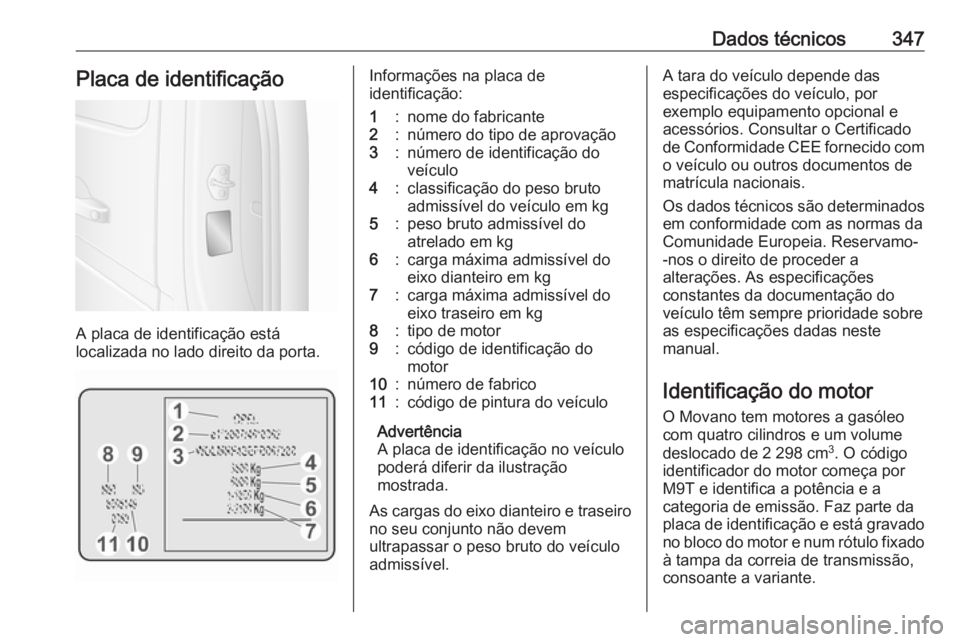 OPEL MOVANO_B 2020 Manual de Instruções (in Portugues) Dados técnicos347Placa de identificação
A placa de identificação está
localizada no lado direito da porta.
Informações na placa de
identificação:1:nome do fabricante2:número do tipo de apro OPEL MOVANO_B 2020 Manual de Instruções (in Portugues) Dados técnicos347Placa de identificação
A placa de identificação está
localizada no lado direito da porta.
Informações na placa de
identificação:1:nome do fabricante2:número do tipo de apro