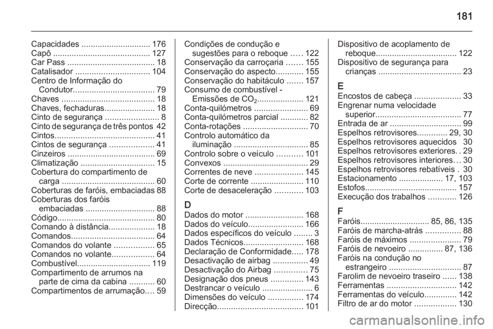 OPEL VIVARO 2014  Manual de Instruções (in Portugues) 181
Capacidades .............................. 176
Capô  .......................................... 127
Car Pass  ...................................... 18
Catalisador  .............................. OPEL VIVARO 2014  Manual de Instruções (in Portugues) 181
Capacidades .............................. 176
Capô  .......................................... 127
Car Pass  ...................................... 18
Catalisador  ..............................