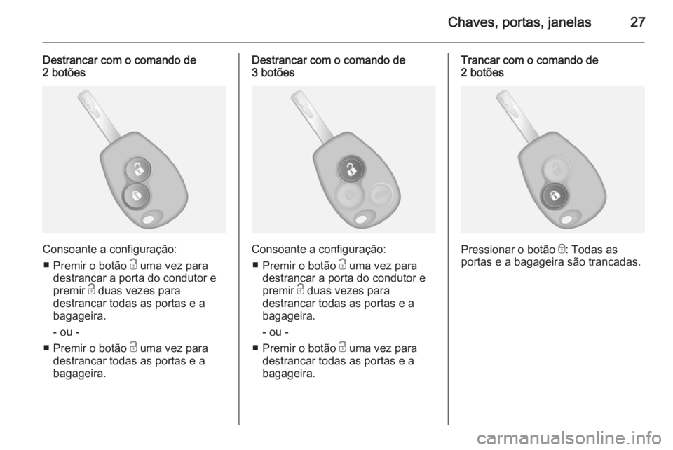 OPEL VIVARO B 2014.5  Manual de Instruções (in Portugues) Chaves, portas, janelas27
Destrancar com o comando de
2 botões
Consoante a configuração:
■ Premir o botão  c uma vez para
destrancar a porta do condutor e
premir  c duas vezes para
destrancar to