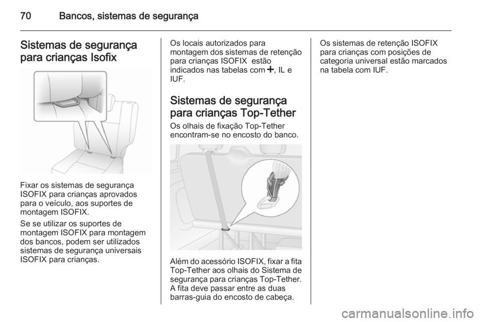 OPEL VIVARO B 2014.5 Manual de Instruções (in Portugues) 70Bancos, sistemas de segurançaSistemas de segurança
para crianças Isofix
Fixar os sistemas de segurança
ISOFIX para crianças aprovados
para o veículo, aos suportes de
montagem ISOFIX.
Se se uti OPEL VIVARO B 2014.5 Manual de Instruções (in Portugues) 70Bancos, sistemas de segurançaSistemas de segurança
para crianças Isofix
Fixar os sistemas de segurança
ISOFIX para crianças aprovados
para o veículo, aos suportes de
montagem ISOFIX.
Se se uti