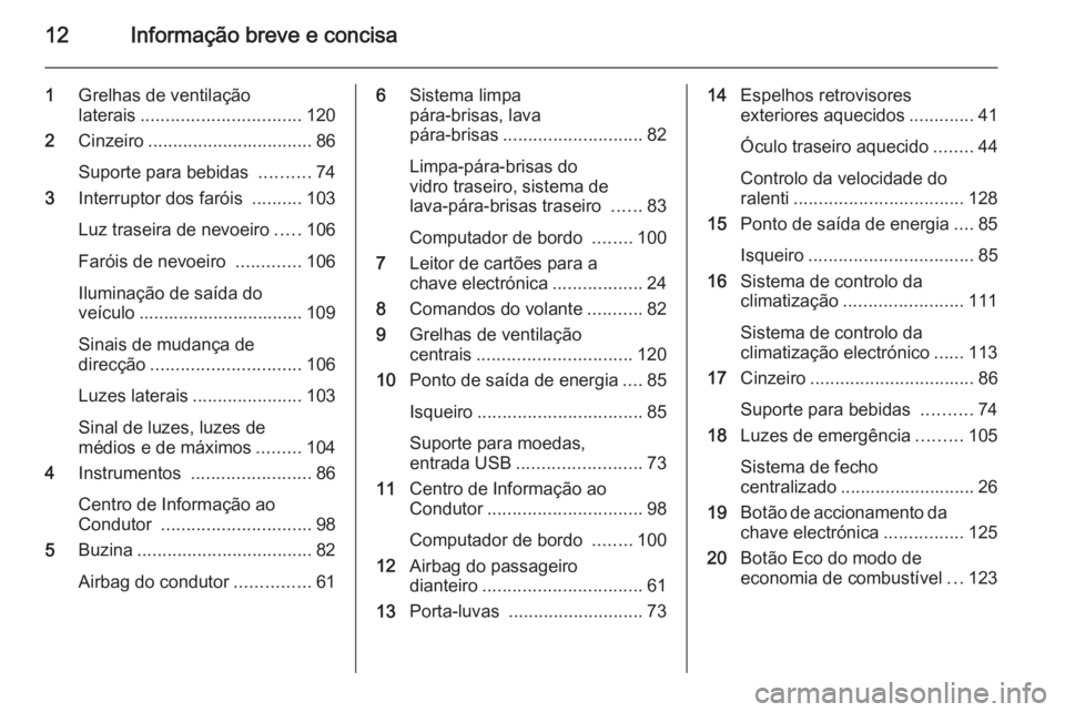 OPEL VIVARO B 2015.5 Manual de Instruções (in Portugues) 12Informação breve e concisa
1Grelhas de ventilação
laterais ................................ 120
2 Cinzeiro ................................. 86
Suporte para bebidas ..........74
3 Interruptor d OPEL VIVARO B 2015.5 Manual de Instruções (in Portugues) 12Informação breve e concisa
1Grelhas de ventilação
laterais ................................ 120
2 Cinzeiro ................................. 86
Suporte para bebidas ..........74
3 Interruptor d